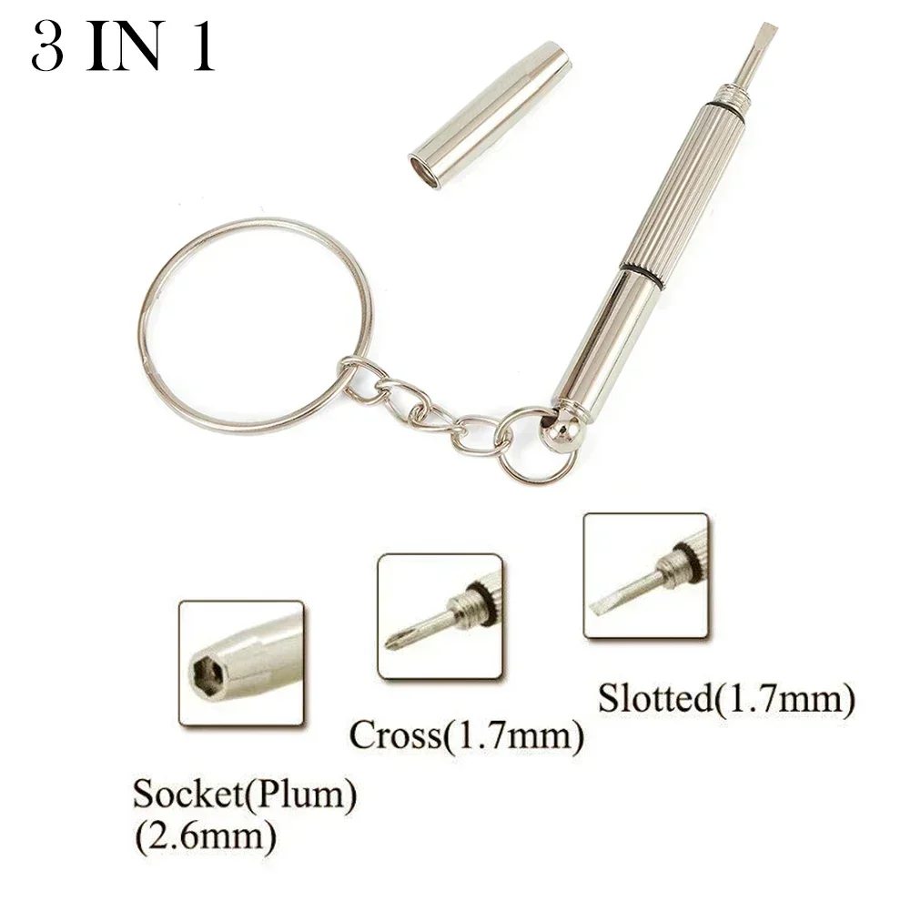 1pc Mini Screwdriver For Screw Diameter 1.7/2.6mm 3in1 Screwdriver Keychain For Glasses Phone Watch Screw Repair Tool Keyring