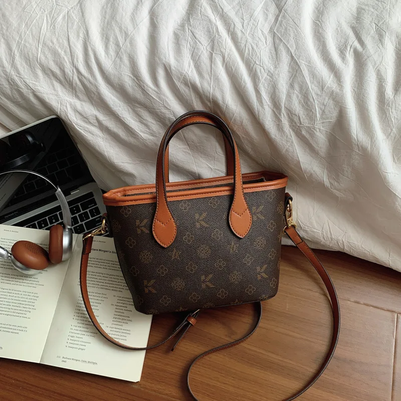Women Vintage Monogram Mini Tote Bag, Retro Printed PU Leather Handbag, Top Handle Crossbody Shoulder Bag, 2 Colors Available