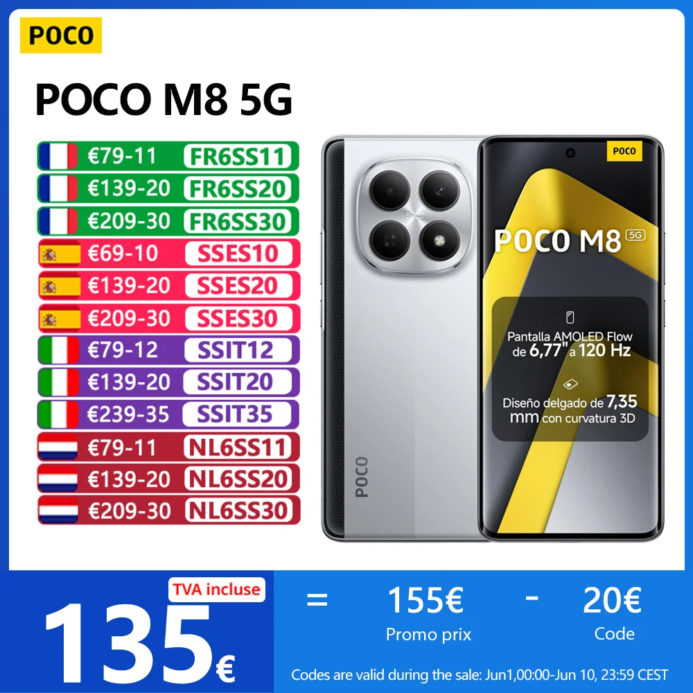 POCO M8 5G,NFC,Snapdragon® 6 Gen 3,Écran Flow AMOLED 6.77" 120 Hz,50 MP Caméra,5520 mAh,IP65