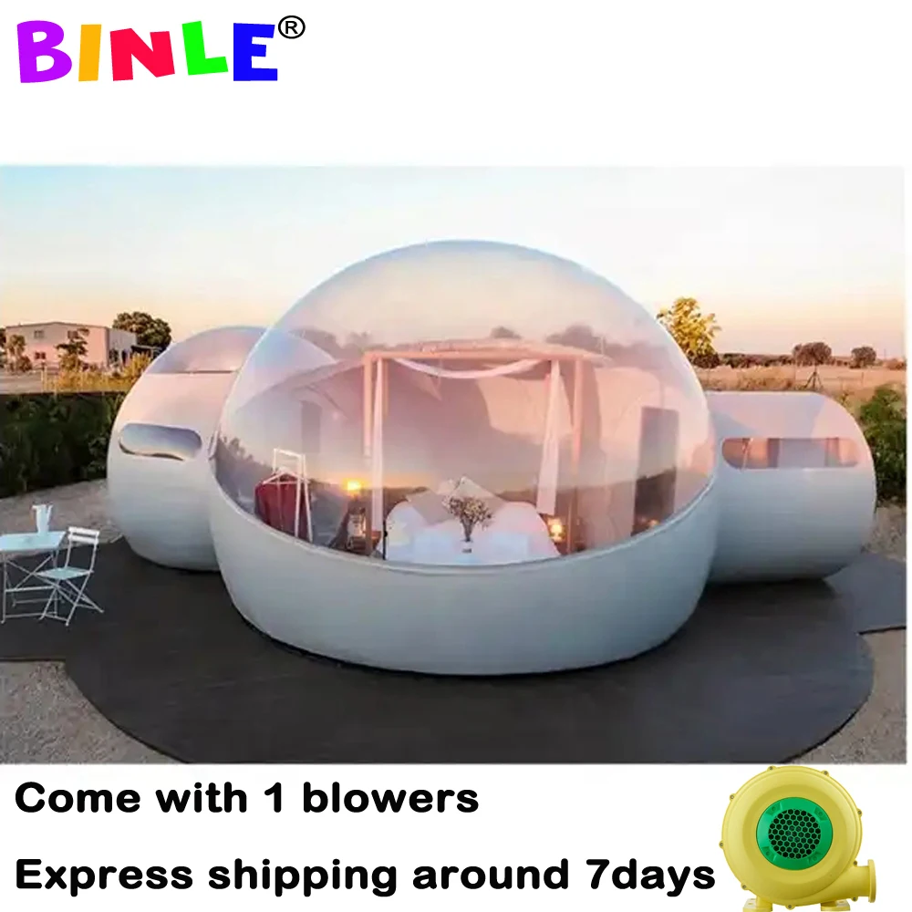 2rooms+1tunnel inflatable bubble tent transparent igloo dome camping tent couples double singular hotels with blower