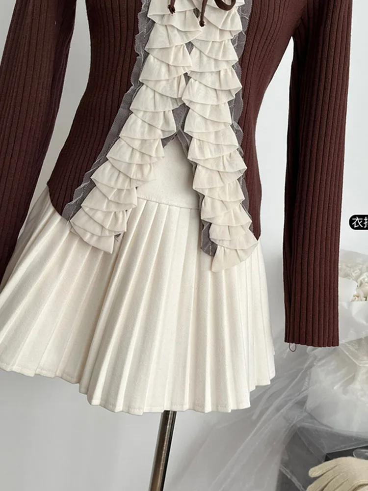 French Elegance Fashion Simple Ruffle Knitted Sweater Daily V-Neck Long Sleeve Chic Pullovers Lace Up Autumn Winter Streetwear