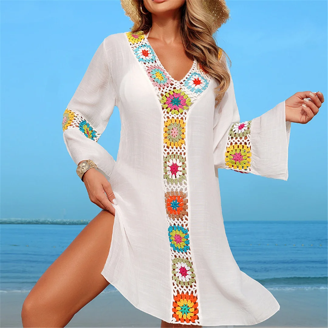 Bedrucktes, langärmeliges, gehäkeltes Strick-Tunika-Strandkleid, Strandmode, Strandbekleidung, Strand-Cover-up, Damen, V7208 – Detail 6