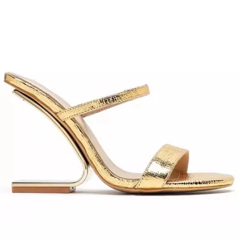 Zลote sandaลy na wysokim obcasie dla kobiet New Square Open Toe One Line Shaped Heels Slip On Slippers Banquet Dress Shoes Brand Design