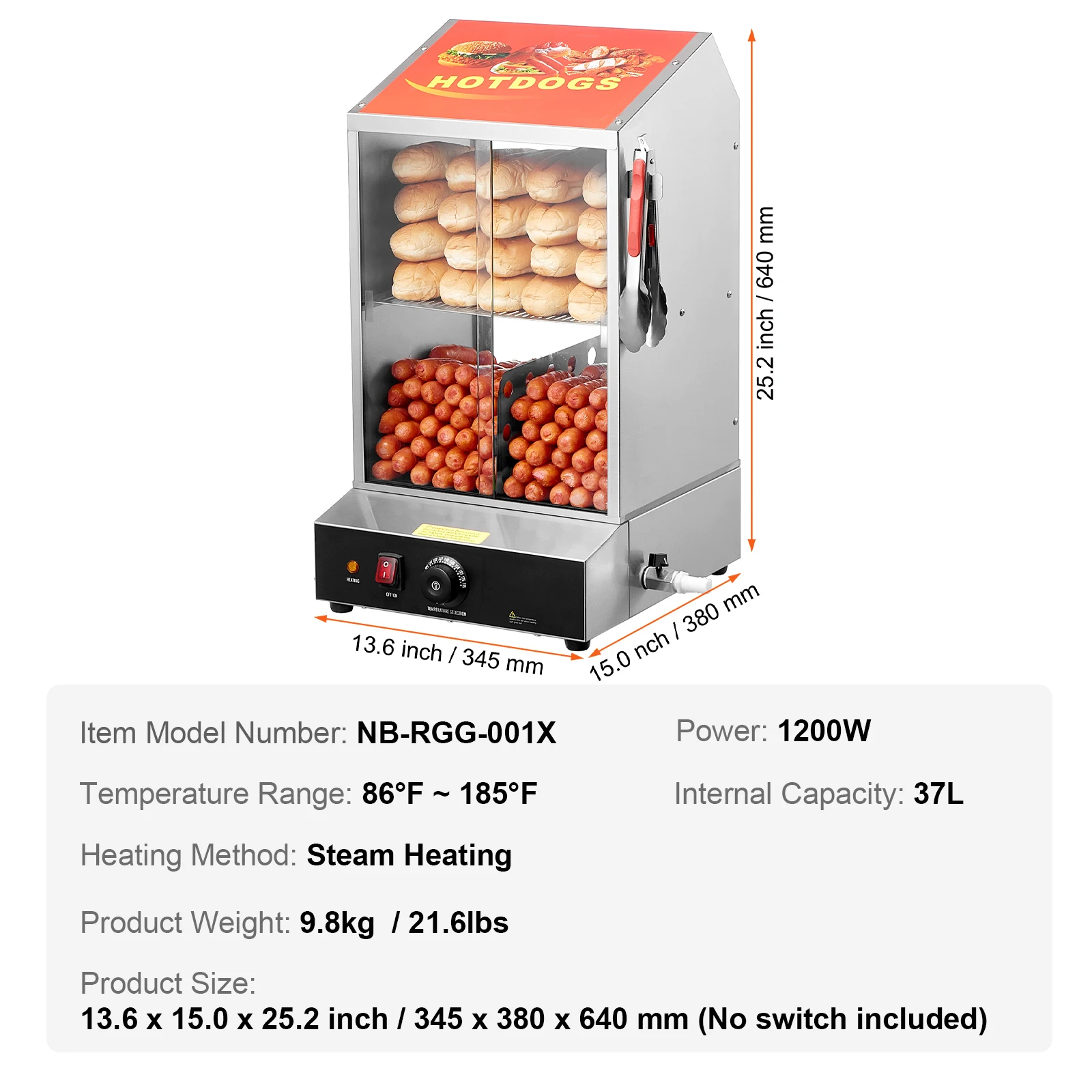 SucceBuy 36L Hotdog-stomer met 2 niveaus Hotdog-hutstomer 86 ℉ ~185 ℉   Temperatuurregeling, elektrische broodjeswarmer voor hotdogs en broodjes