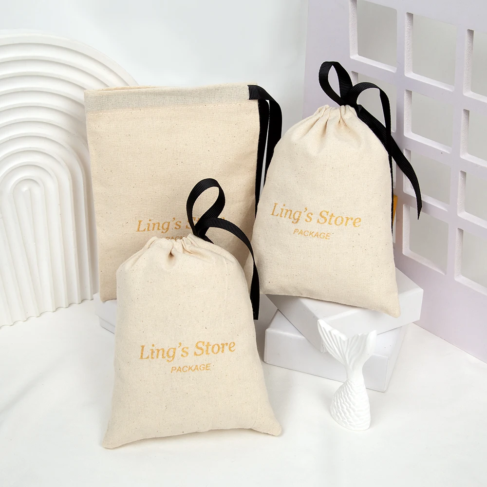 

50Pcs Personalized Logo Jewelry Drawstring Muslin Bag Natural Cotton Canvas Ribbon Pouch Gift Packaging Candy Cosmetic Wig Sack