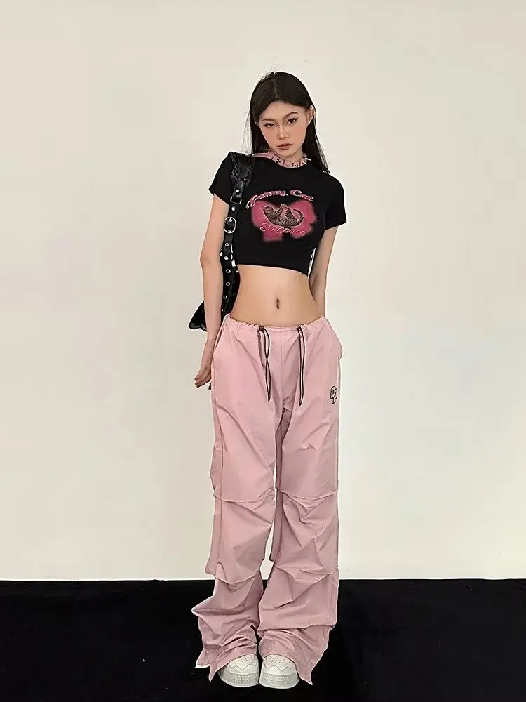 

Y2K Pink Cargo Parachute Pants Women Big Pockets High Waist Drawstring Sweatpant 90S Aesthetic Korean Streetwear Wide Leg Trouse