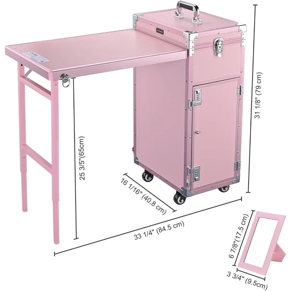Rolling Manicure Table with Drawer Mirror, Makeup Train Box with Table Cosmetic Trolley Storage Box, Foldable Manicure Table