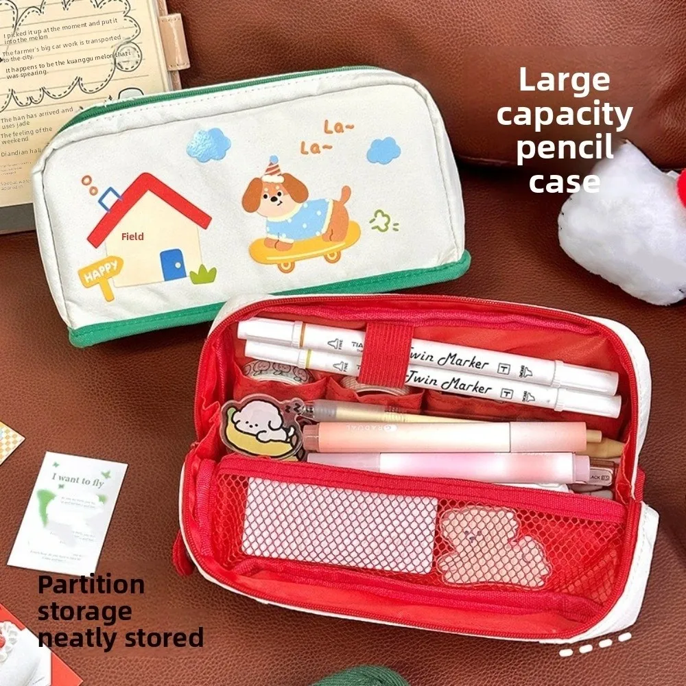 Ins Style Cartoon Stationery Storage Bag Large Capacity Standing Pencil Case Oxford Cloth Apple Bear Color Matching Pencil Case