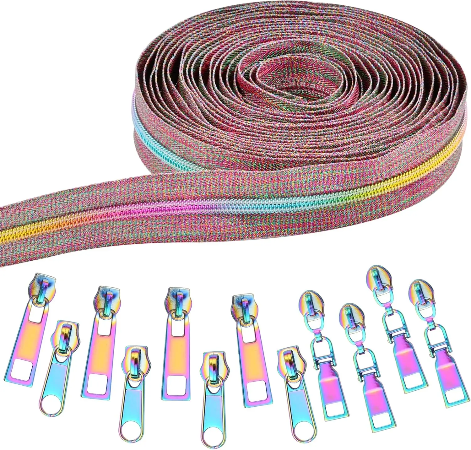 

#5 Nylon Coil Rainbow Zipper Tape 9.84 Yards with 12 Metal Sliders for Sewing Crafts