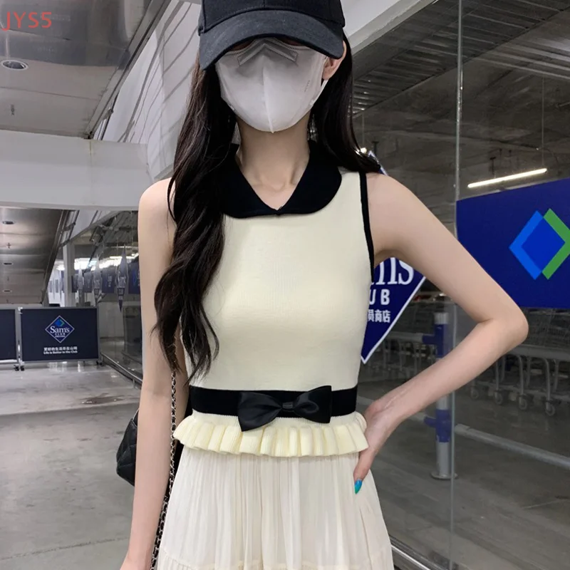 

French Contrast Color Doll Collar Sleeveless Knitted Vest Summer Sweet Bow Slim Top For Women