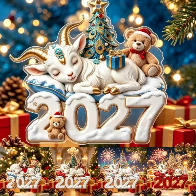 2D Flat Acrylic Christmas Hanging Pendant Chinese Zodiac Goat New Year Car Rearview Mirror Keychain