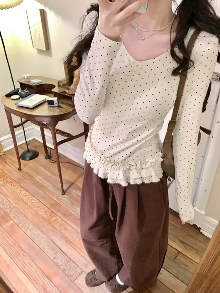 Polka Dot Ruches Lange Mouw T-shirts Vrouwen Herfst Zoete Slim Fit Base Tops Koreaanse Chic Veelzijdige Y2k Esthetische Tees