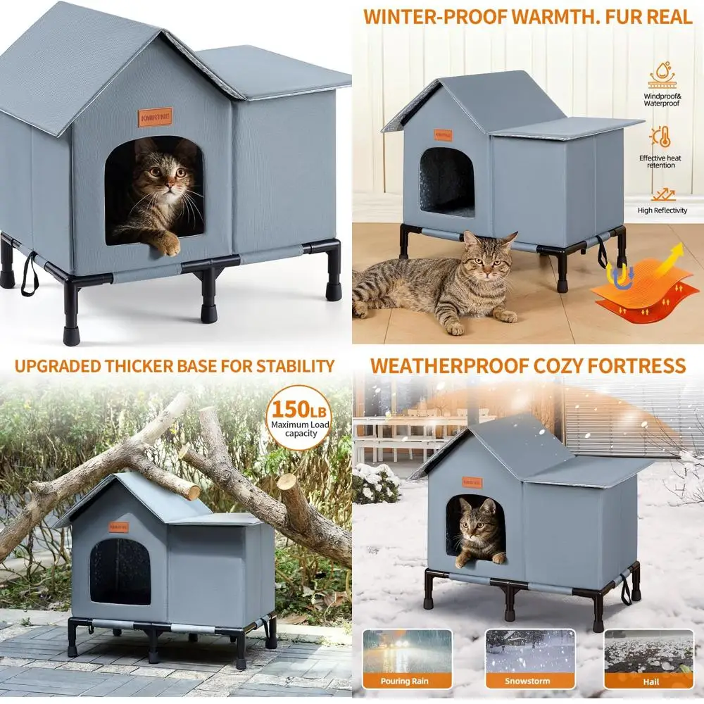 

Приподнятое атмосферостойкое укрытие для кошек на открытом воздухе для бродячих и домашних кошек — самосогревающееся, устойчивое к хищникам, серое, большое