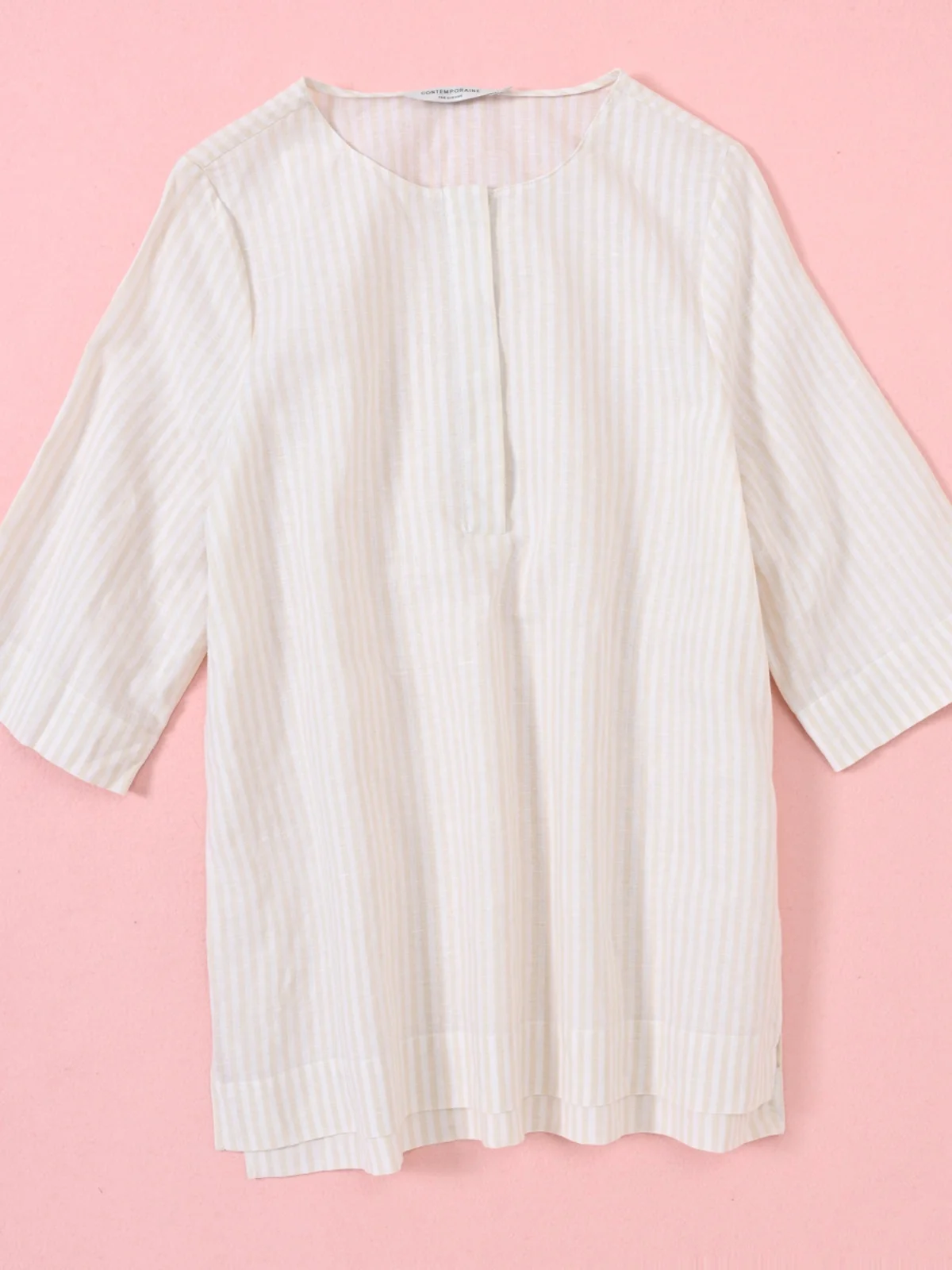 

Повседневная льняная рубашка-поло с вертикальными полосками, прямого кроя, женская, летняя, с круглым вырезом, рукавом 3/4, средней длины, в европейском стиле