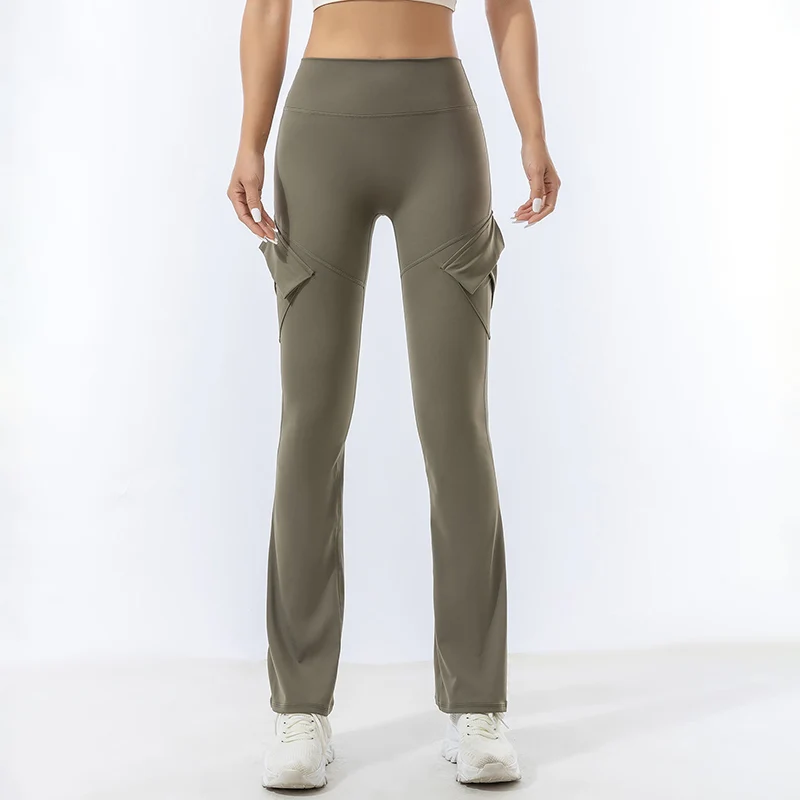 Stretch Training Yoga Pants Women Fashion Muti-Pockets Running Cycling Pants Women Sexy Slim Fit Tummy Control Flared Trousers