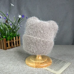 Hot selling solid color rabbit hair knitted hat with pointed ears, cute ear protection, warm winter versatile woolen hat