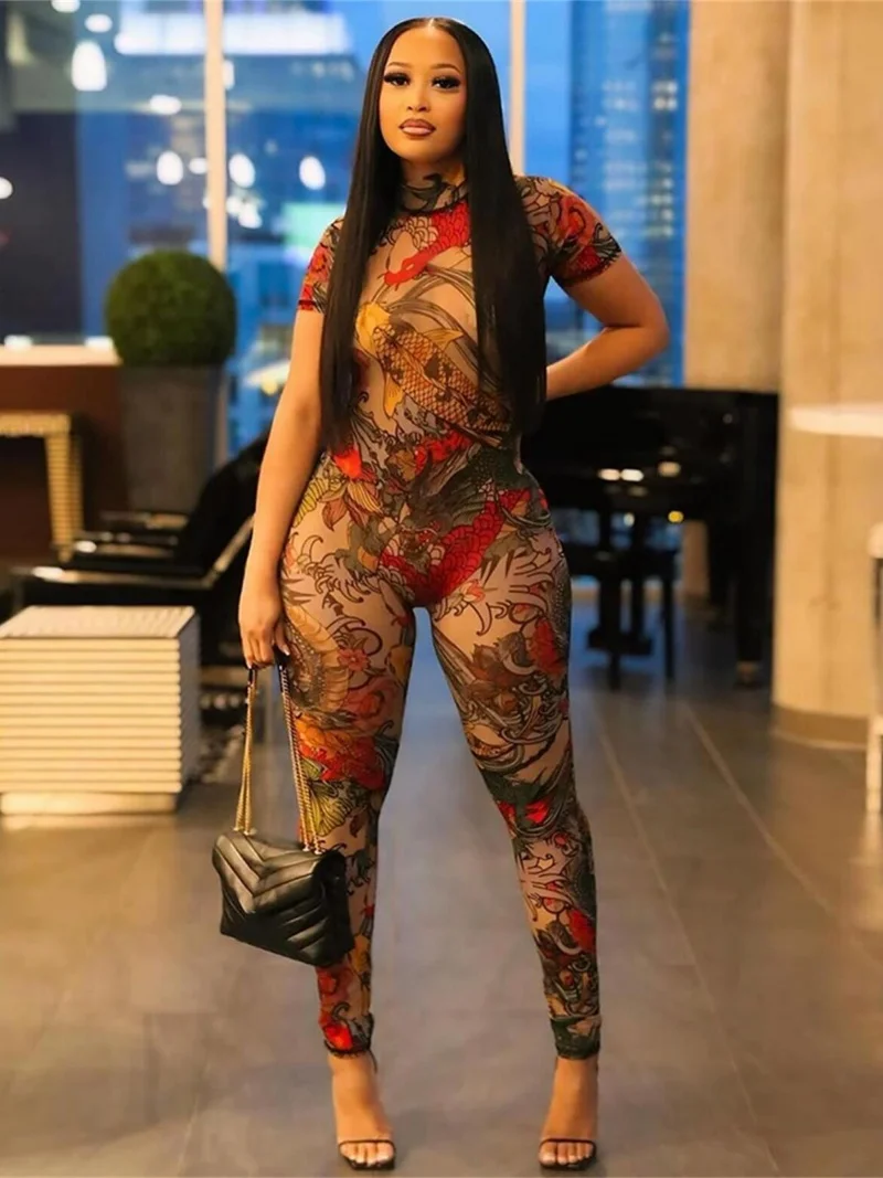 

Sexy Printed Mesh See Through Jumpsuits Summer Clothes Women Short Sleeve Open Back Rompers Playsuits One Pieces Overalls Outfit
