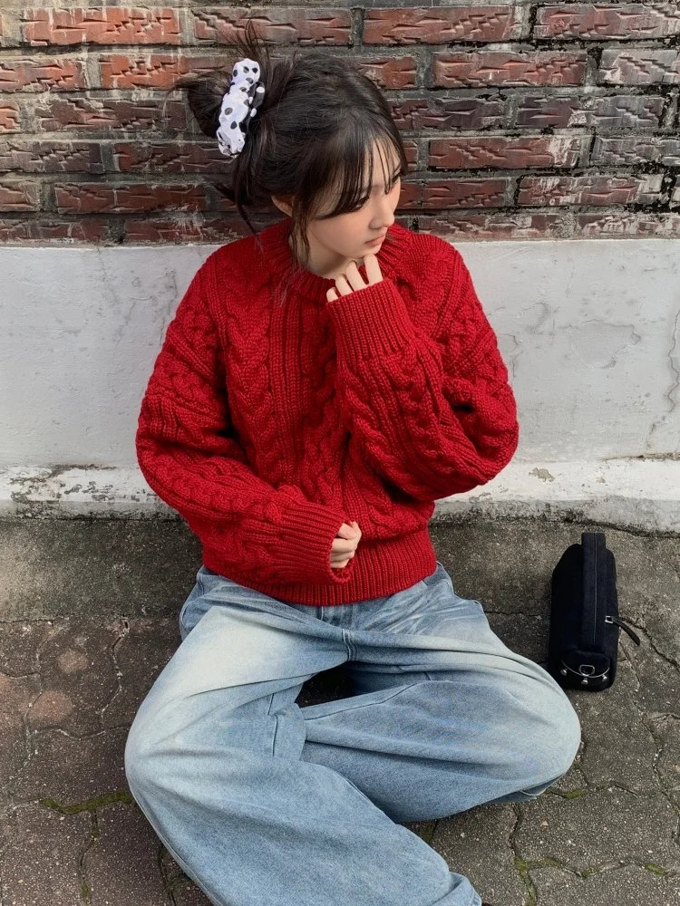 سترة محبوكة فضفاضة الكورية Sle خمر تويست دافئ كسول Sle إبرة كبيرة سترة حمراء مستديرة Ne للنساء #5