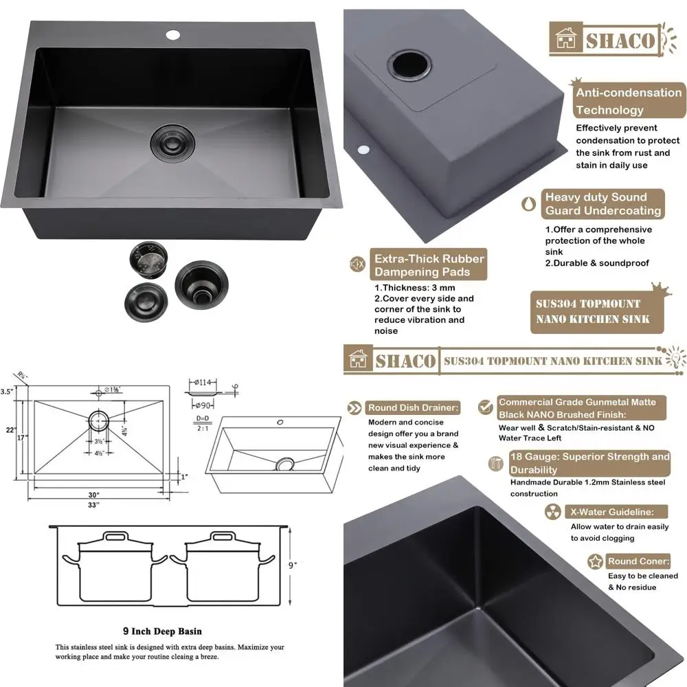 

Large 33 Single Bowl Gunmetal Black Farmhouse Kitchen Sink, 33x22 Top Mount, 16 Gauge Stainless Steel 304