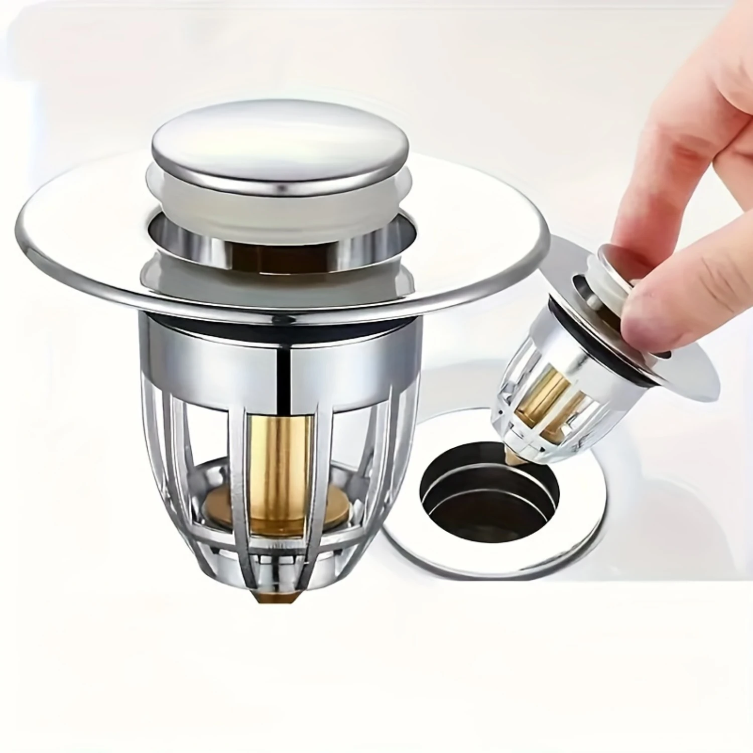 Universal Metal Bathroom Sink Drain Plug with Hair Catcher, Stainless Steel Push-Type Basin -Up Strainer, Anti-Clogging Drain St