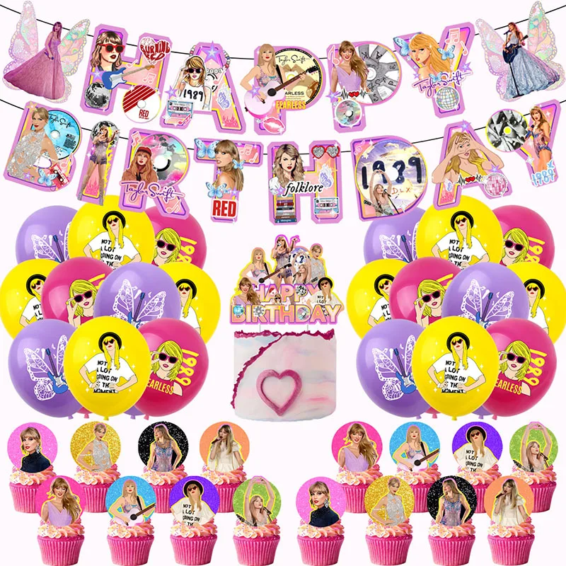 Super Star Taylor Swift Theme Birthday Party Decorar, Banners Action Image, Inserções de Bolo, Balão, Festival Prop, Periferia Figura