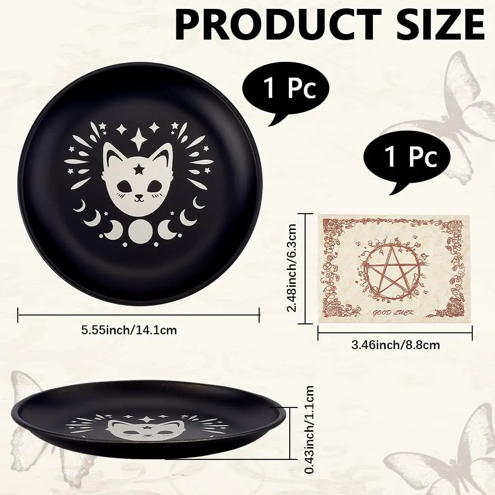 Phase Moon Star Offers Bowl Altar Ceremony Plates, Stainless Steel Flat Bowls, Round Trays, Prayer Plates, Candle Holders with Cards, Black Jewelry Trays for Smudging, Incense Burner Decorations