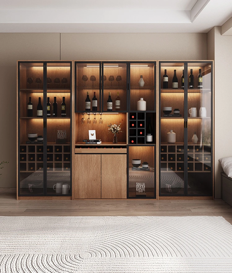 

Solid wood dining cabinet, living room, wall facing glass display cabinet, vertical luxury wine cabinet with lights