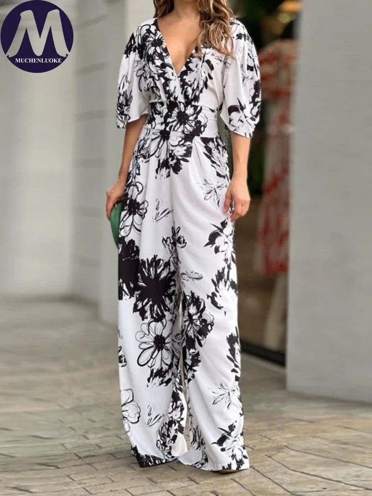 High Waisted Jumpsuit for Women Bat Sleeve V Neck Fashionable Casual Loose Printing Summer New 2024