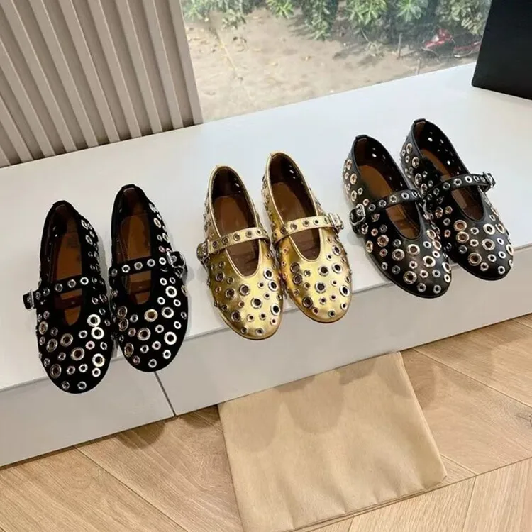 Mary Jane - Women's metal studded shoes, hollow flat bottomed round toe personal shoes, comfortable ballet shoes, novelty