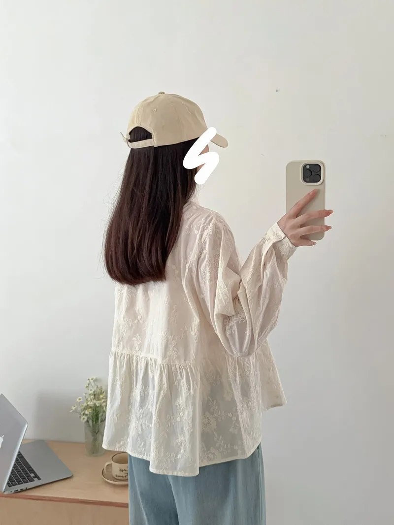 جديد 2025 الخريف قميص قطني بكم طويل ، المرأة بدوره إلى أسفل طوق التطريز ، موري فتاة أزرار ملونة بلوزة فضفاضة T5O591CC #3