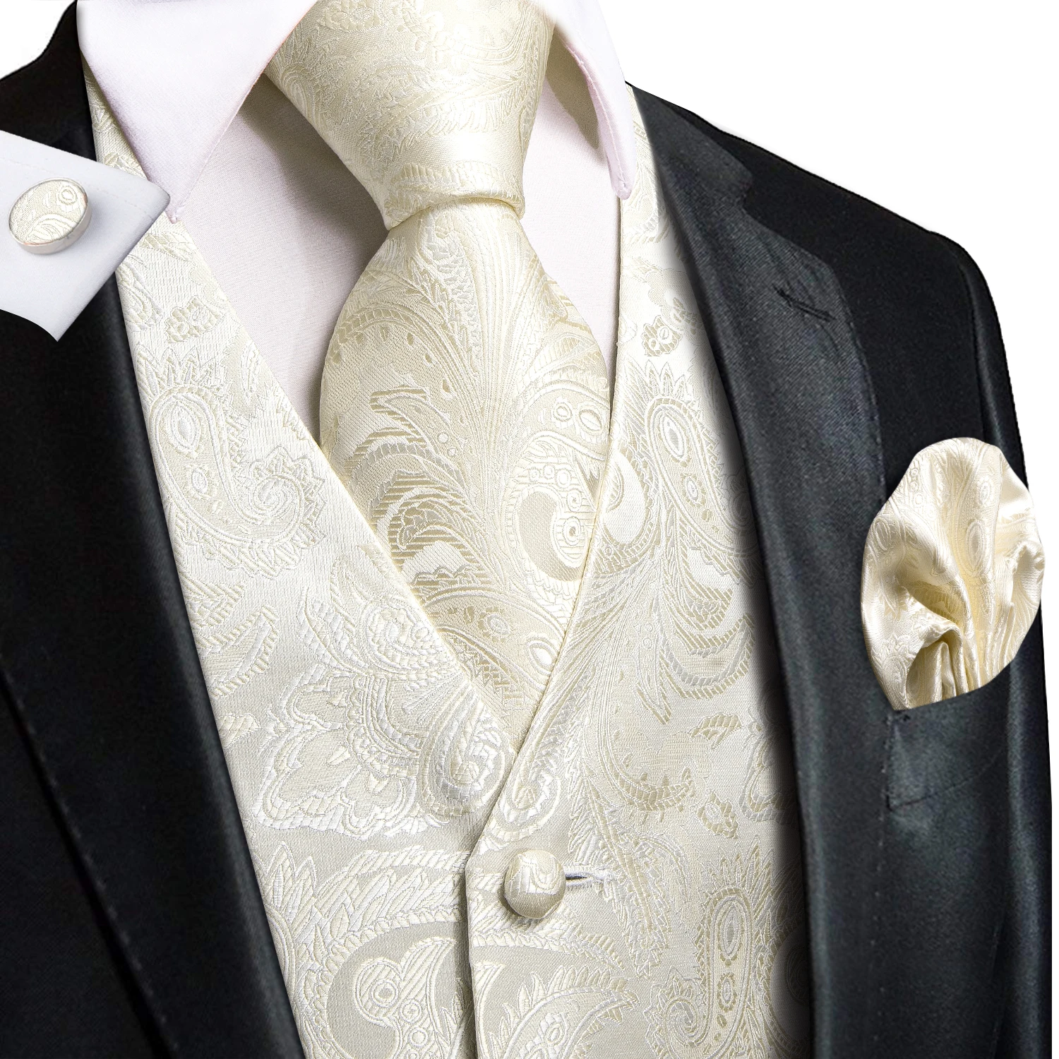 Elfenbeinfarbene goldene Paisley-Jacquard-Weste mit V-Ausschnitt, 4-teiliges Set mit Krawatte, Einstecktuch und Manschettenknöpfen für Champagner-Hochzeit, Brautparty, Frühlingsbankett – Detail 5