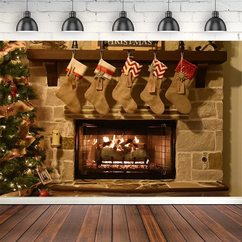 Photography Backdrop Burning Fireplace Christmas Stocking Decoration Poster Props Child Portrait Photo Background Banner