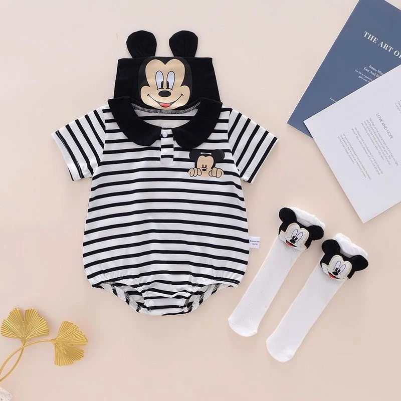 Girls Newborn Romper Socks 2pcs Clothes Set Baby Boys Cartoon Mickey Mouse Winnie The Pooh Cotton Jumpsuit Short Sleeve Bodysuit