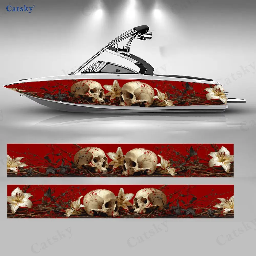 

Набор из 2 наклеек Blood Realm Skull & Lily Boat, водонепроницаемые виниловые наклейки из ПВХ для рыболовных лодок, прочные и стильные.
