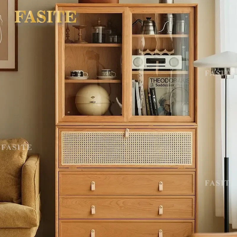 Japanese Style Solid Wood Bookcase Cherry Sliding Door Side Cabinet Modern Simple Storage Locker Log Furniture for Living