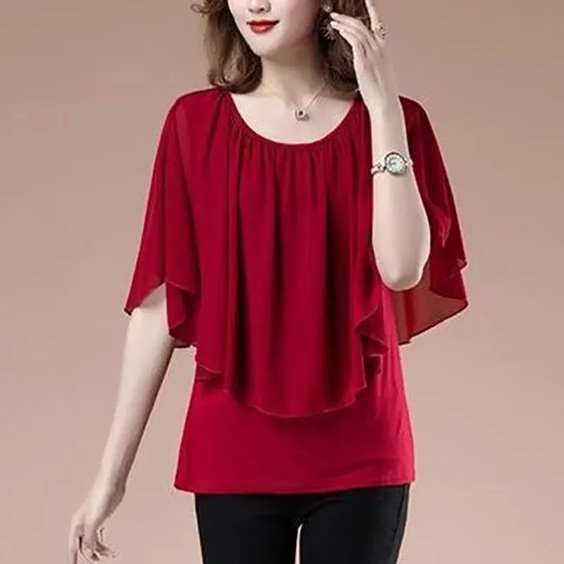 Elegant O-Neck Folds Batwing Sleeve Chiffon Blouse Women's Clothing 2024 Summer New Oversized Casual Pullovers Office Lady Shirt