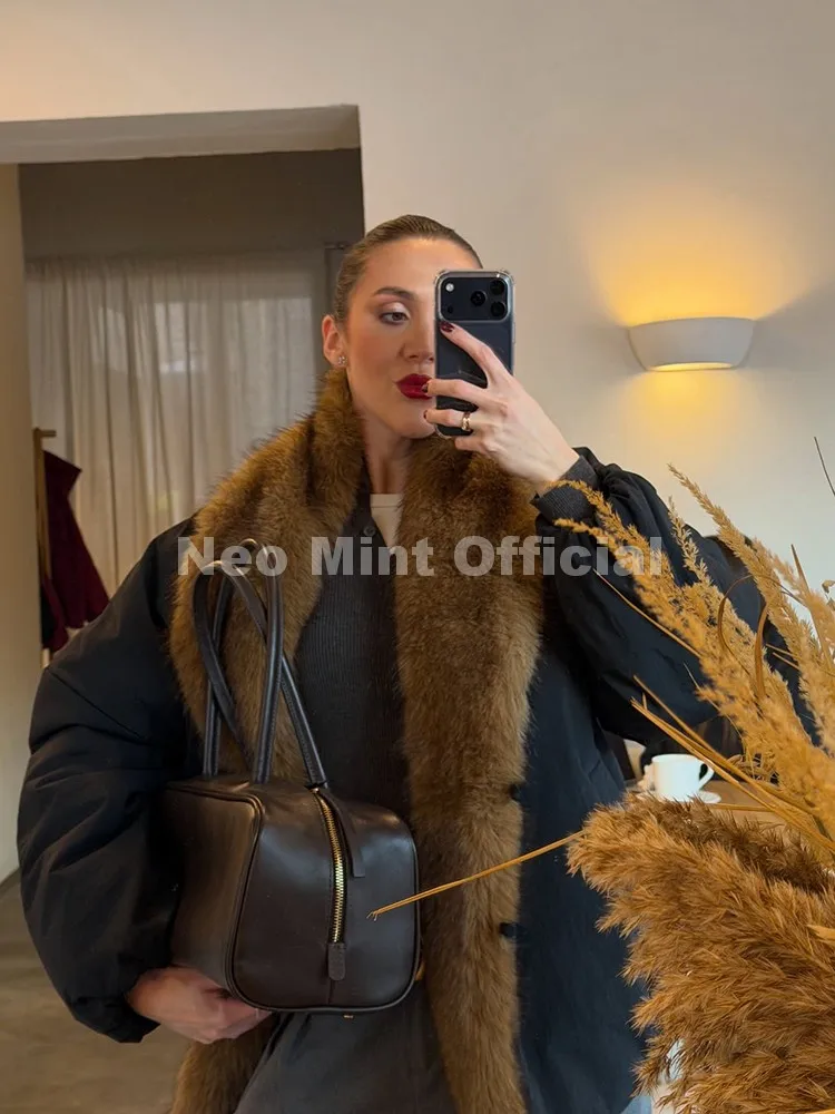 Neo Mint Women Black Quilted Faux Fur Coat Oversized Brown Shaggy Shawl Collar Puffer Jacket Relaxed Fit Warm Winter Outerwear