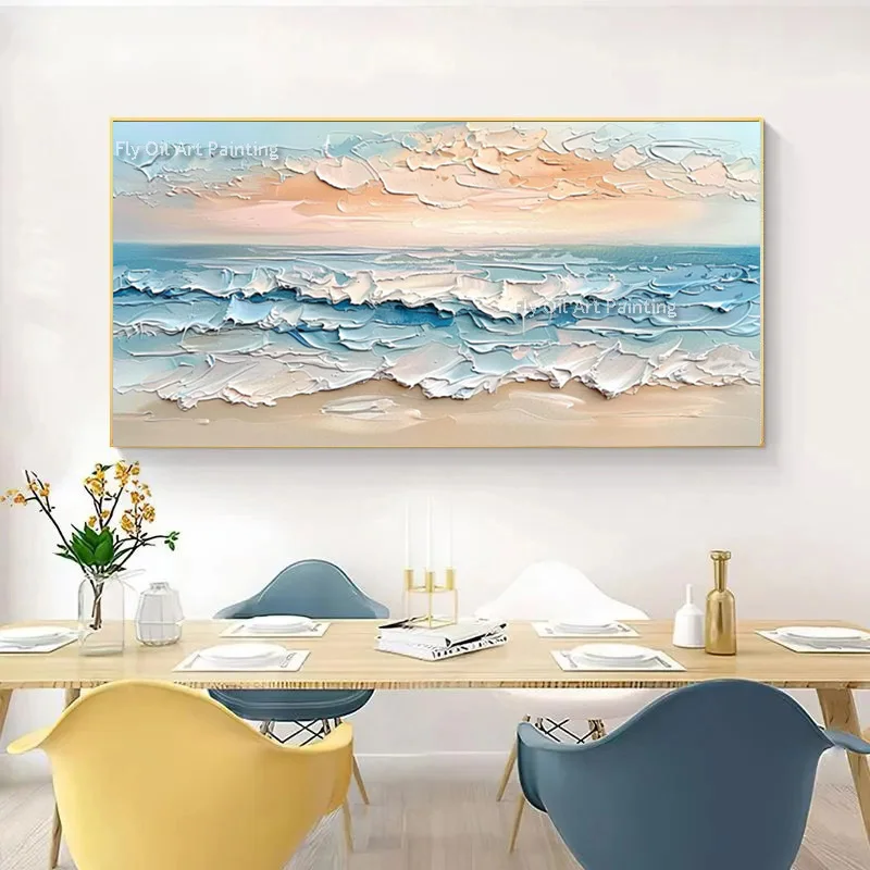 Blue White Sea Sunset Large Canvas Wall Art For Christmas Decorations Hand Made White Seawave Oil Painting New Abstract Artwork