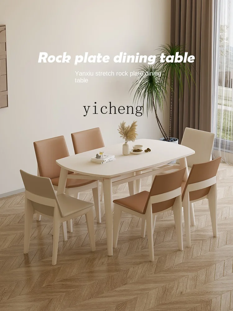 Tqh White Cream Style Pure White Stone Plate Solid Wood Dining Table Retractable Square round Dining Tables and Chairs Set