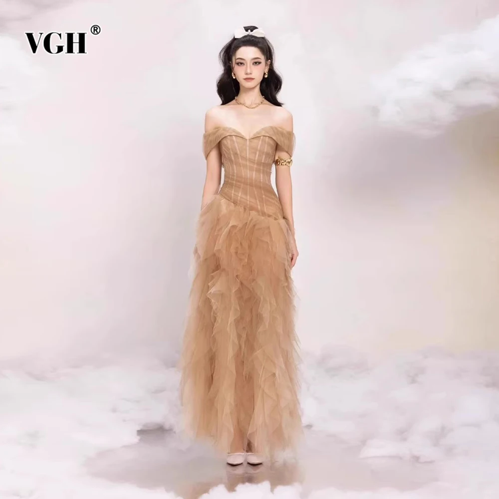 

VGH Temperament Solid Slimming Dinner Dresses For Women Strapless Sleeveless Backless High Waist Spliced Folds Chic Dress Female