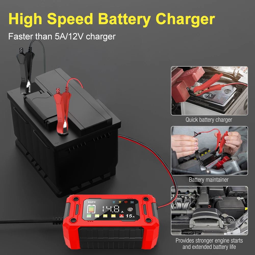 ADEA Newest 12v Car Battery Charger 15a/8a Pulse Repair Large Display Charger For Car Motorcycle Lead Acid Agm Gel Batteries