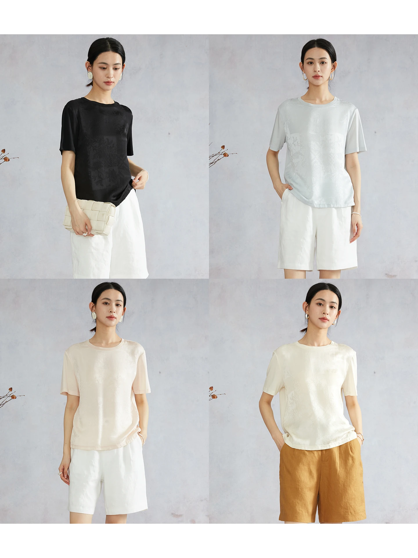 

Silk Short Sleeve T-Shirt Women's Basic Style Commute Shoulder True Silk Straight Tube Chinese Style round Neck No Chest Pad