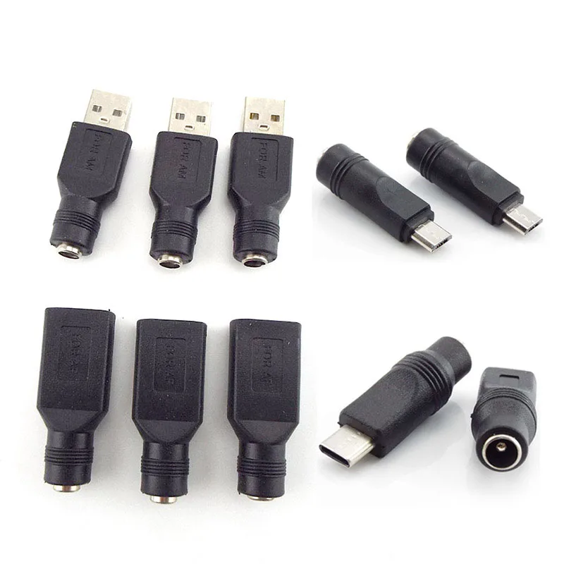 DC Fêmea Power Jack Connector, 5.5x2.1mm para Mirco Tipo C, AUSB 2.0 Conector de plugue macho, adaptador para laptop, 1 ou 5 pcs