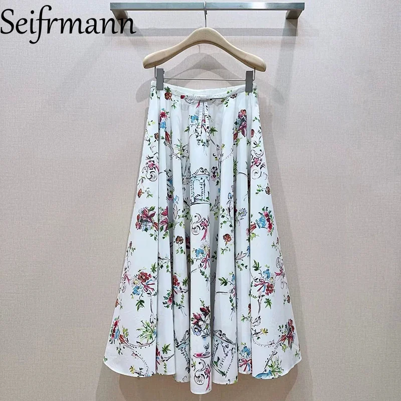 Seifrmann Casual printed cotton skirt high waist stitching bow long skirt 2026 summer fashion women's new style