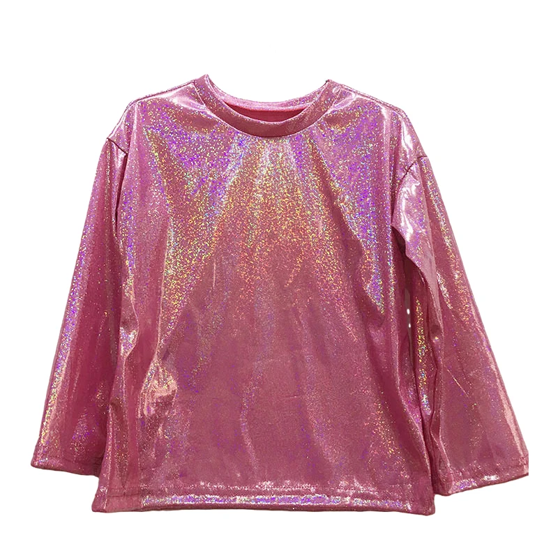 Abbigliamento per bambini adulti Costumi di danza jazz hip-hop per bambini T-shirt metallizzata lucida di Halloween Top da ballo scintillanti Manica lunga da strada