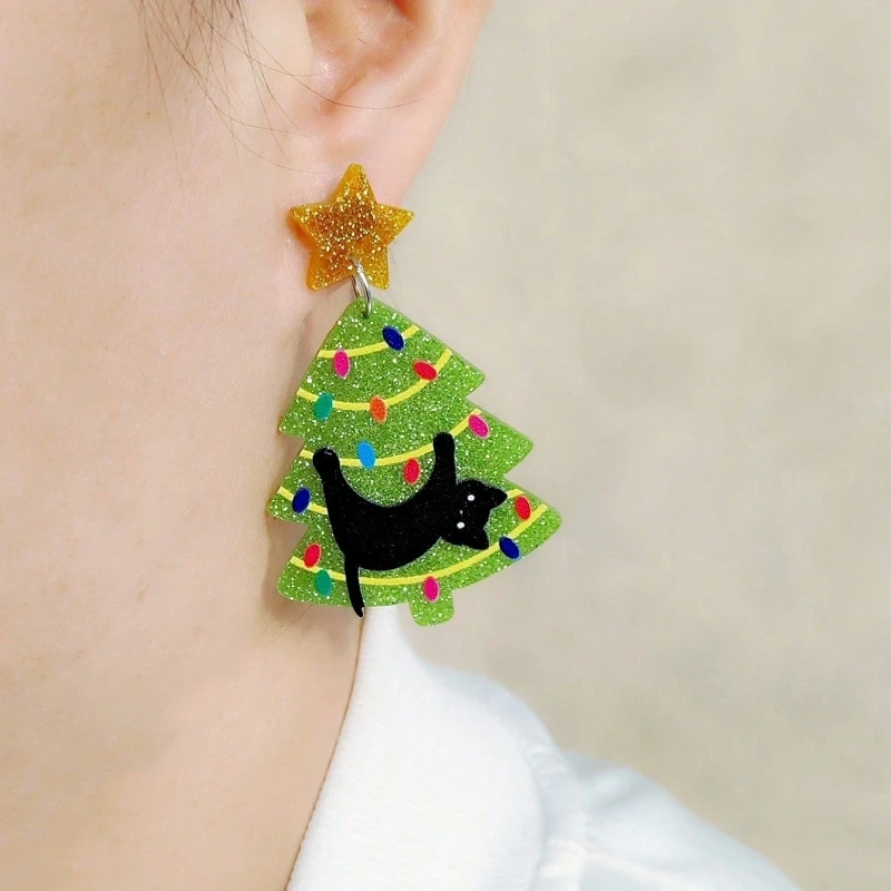 KUGUYS Christmas Gifts Lovely Women\'s  Drop Earrings Cartoon Cat Tree Acrylic New Year Jewellery