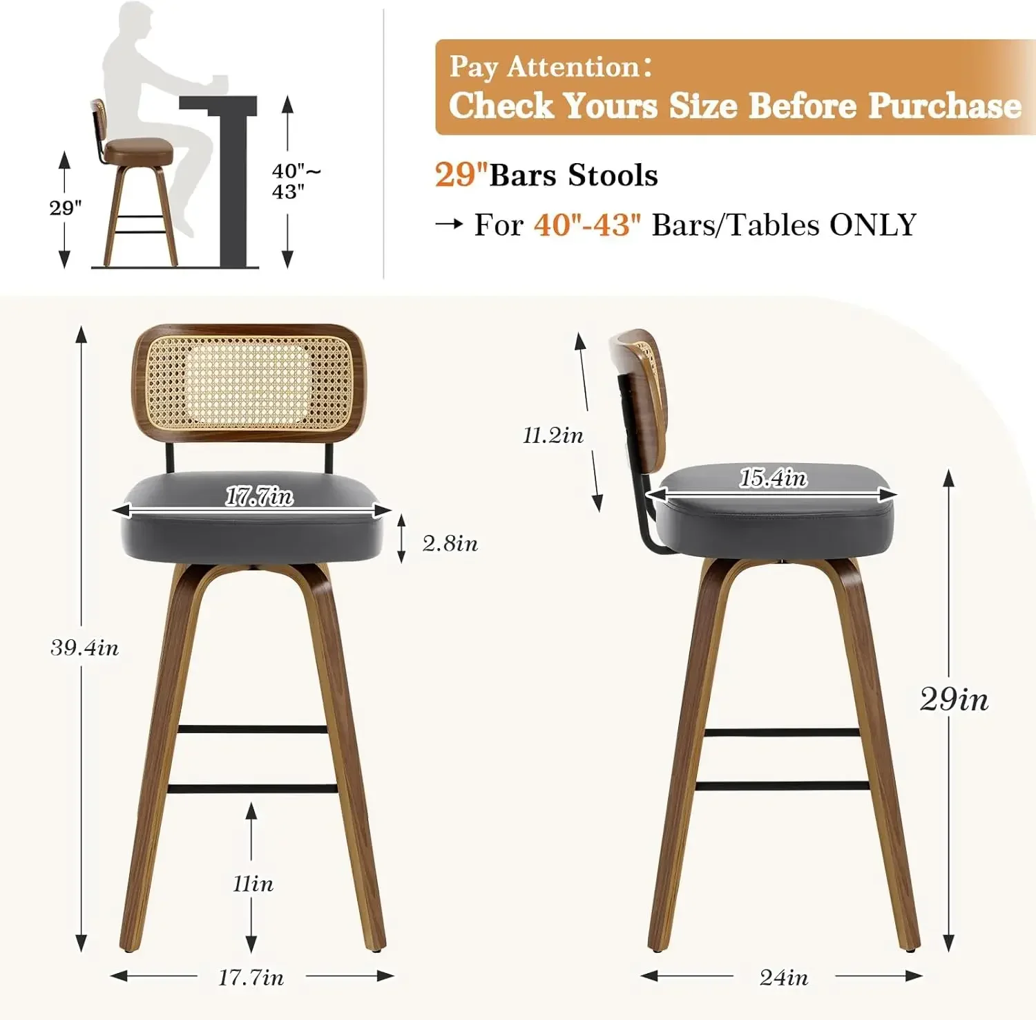XMSJ.Swivel Bar Stools Set of 2, Upholstered Faux Leather Barstools with Rattan Back, Bentwood Wood Frame, 29" Seat Height Bar C