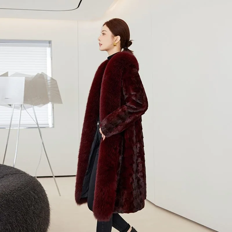 Hot Sales Fashion New winter Real Mink Coat Women Medium Length Mink Fur Coat High Quality Natural Fox Fur Collar Warm Jacket