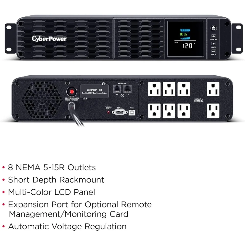 CP1500PFCRM2U PFC Sinewave UPS System, 1500VA/1000W, 8 Outlets, AVR, Short Depth 2U Rackmount