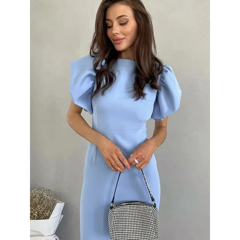 s8s9 أنيقة Bodycon فساتين متوسطة الطول للنساء الصيف عادية كشكش كم شق فستان مكتب موضة شيك الأزرق جديد في D ❤ 2025 ☆